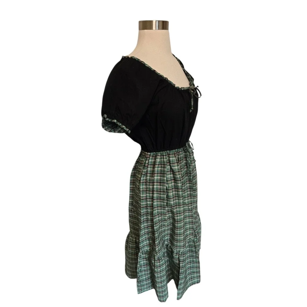 1960s 70s Vintage Womens Dress High Waist Green Plaid Schoolgirl Cinch Tie Bust - Picture 8 of 8